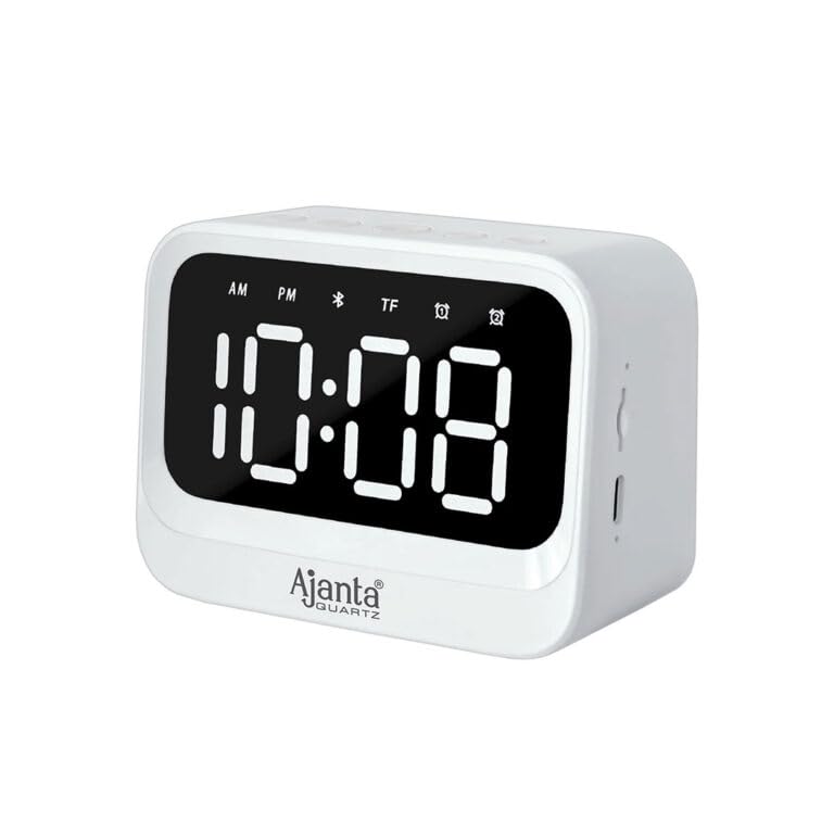 Image of Ajanta Digital Alarm Clock Bluetooth Speaker with LED Display, Bluetooth 5.3, Dual Alarm, TF Card Support, Built-in Mic, Type-C Rechargeable, Auto Time Sync, 8 Hour Playtime (White.)