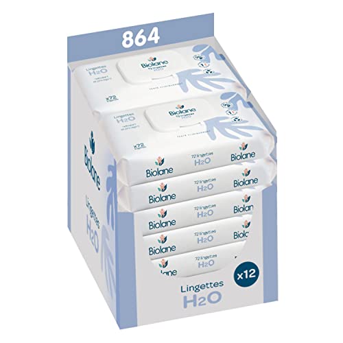BIOLANE - Lingettes nettoyantes H2O à l'eau pour bébé - Lot de 12x72 (864 lingettes) - Peaux sensibles - Nettoie et protège, le visage et le siège - Sans rinçage - Dès la naissance