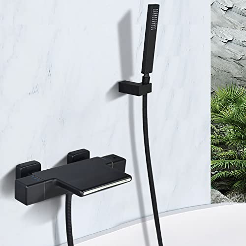 SHANFO Robinet de Baignoire Cascade Thermostatique Noir avec Douchette et Robinet Mitigeur Laiton, Montage Mural avec Douche Chaud et Froid, 4Y3OK