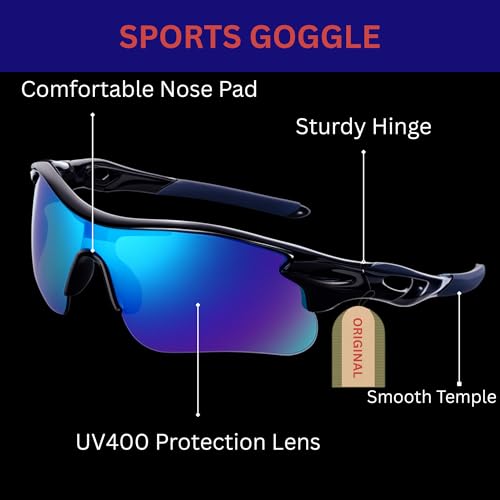 Image of Oversized Sports Goggles for Men & Women UV400 Protection Non Polarized Cycling Running Cricket Driving Fishing Outdoor Lightweight Wraparound Design Clear Vision Eyewear. (Blue)