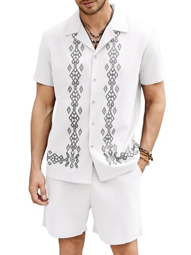 Daupanzees Men's 2 Pieces Shirt Sets Beach Guayabera Outfit Button Down Shirts and Shorts Casual Cuban Embroidered Sets