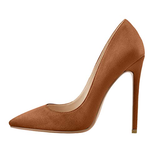 Image of Richealnana Women's Fashion Pointed Toe Plus Big Size Sexy Stiletto Heel Pumps Party Prom Shoes Faux Suede Brown Size 15