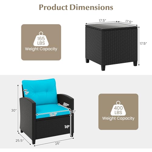 Image of Tangkula 3 Piece Patio Furniture, Rattan Conversation Set w /Soft Seat & Back Cushions, Tempered Glass Topped Coffee Table, Cushioned Wicker Seating Set for Backyard, Porch, Poolside