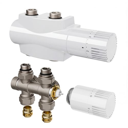 Multiblock Set für Heizkörper Anschlussarmatur mit Thermostat Thermostatventil Hahnblock mit Frostschutz für Eck/Durchgangsform 50mm Mittelanschluss G1/2 inkl. PEX Ø16 & Kupfer Ø15