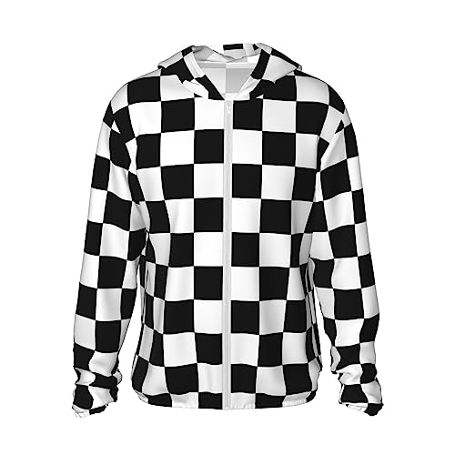 Supdreamc Women's UPF 50+ Sun Protection Hoodie Jacket Compatible with Race Checkerboard Checkered Black And White, Long Sleeve Hooded Active Shirts Outdoor Performance with Pockets (XL)