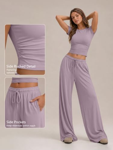 Image of Trendy Queen 2 Piece Matching Summer Lounge Set Womens Side Ruching Top Wide Leg Pants Sets with Pockets