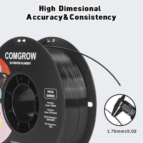 Image of Comgrow PETG 3D Printer Filament 1.75mm, High Precision and Tough 3D Printer Filament 6 Rolls*1kg, Dimensional Accuracy + /- 0.02 mm, Fit Most 3D Printers 3pcs White+ 3pcs Black