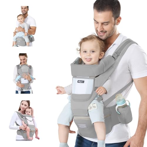 Ocanoiy Baby Carrier Newborn to Toddler Baby Wrap Carrier with Hip Seat Kangaroo Carrier Toddler Infant Baby Holder for Men Women Dad Mom (Grey)