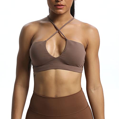 Aoxjox Women's Workout Sports Bras Jamie Deep V Fitness Backless Padded Training Gym Bra Yoga Crop Tank Top (Fudge Coffee, Small)