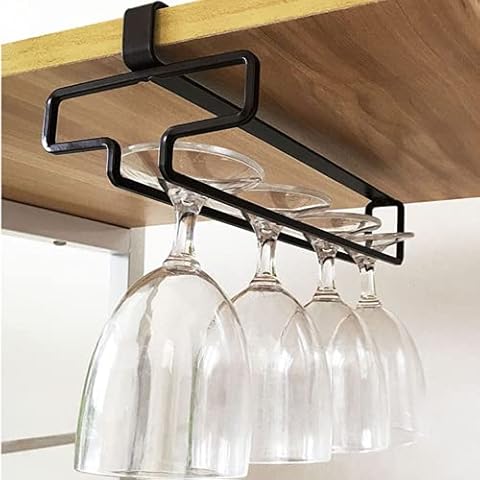 Hikinlichi Under Cabinet Wine Glass Holder Wine Glass Rack Hanger Stemware Rack Kitchen Hanging Glass Storage Rack Organizer,Black Cover