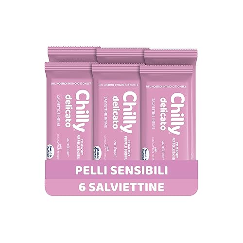 Chilly Salviettine Delicate, Salviette per l’Igiene Intima, Azione Delicata, Tessuto 100 % Biodegradabile, Ottimi Fuori Casa, PH 5 Delicato, Clinicamente Testato, Confezione da 6 Pezzi