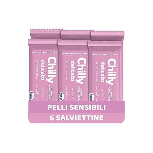 Chilly Salviettine Delicate, Salviette per l'Igiene Intima, Azione Delicata, Tessuto 100 % Biodegradabile, Ottimi Fuori Casa, PH 5 Delicato, Confezione da 6 Pezzi - Esclusiva Amazon