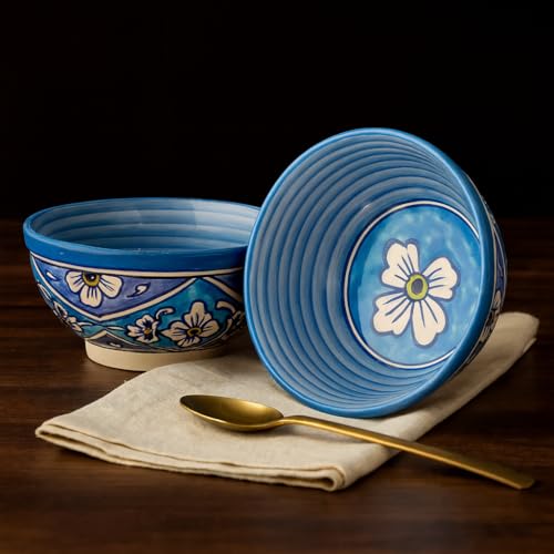 Image of KITTENS Handcrafted Blue Ceramic Snack Bowl Set of 2 - Handpainted Floral Art | Microwave & Dishwasher Safe | 500ml | Ideal for Pasta, Maggi, Cereal, Salad & Daily Use - Made in India