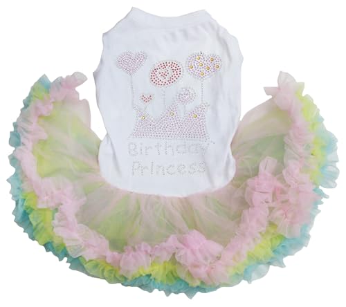 Petitebella Rhinestones Crown Birthday Princess Puppy Dog Dress (White/Rainbow, XXX-Large)