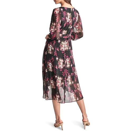 Image of DKNY Women's Chiffon Balloon Sleeve Faux Wrap Midi Dress with High-Low Hem
