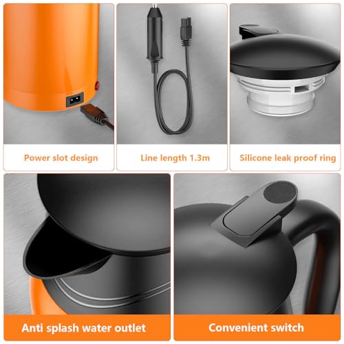 ZOYDP Wasserkocher Auto 1000ml, 12V Auto Wasserkocher, 12v Wasserkocher mit Temperatureinstellung, Edelstahl Wasserkocher Auto zigarettenanzünder, Elektrischer Wasserkocher für 12V 100W Auto Lkw