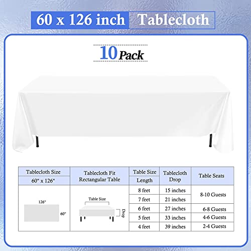 10 Pack White Tablecloths For 8Ft Rectangle Tables 60 X 126 Inch - Polyester Table Cover Stain And Wrinkle Resistant Washable Fabric Table Clothes For Wedding Party Banquet Reception Restaurant #TOP1