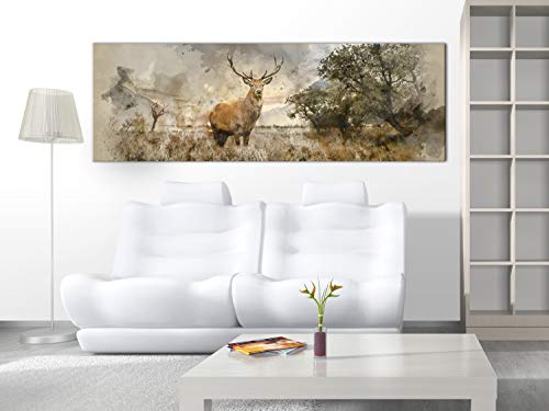 murando - Wandbilder Hirsch 120x40 cm 1 Teilig Wand Deko Leinwand Bilder Groß XXL Wanddeko Wohnzimmer Schlafzimmer Kunstdrucke Panoramabild - Landschaft Natur Tier Wald Wiese wie gemalt g-B-0042-b-a