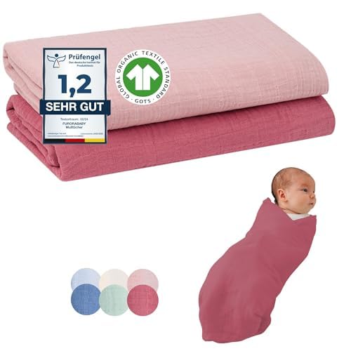Furora BABY Maxi Lange Bebe 120x120 cm XXL, Chiffon (molto morbido) in cotone biologico: Oeko TEX 100, GOTS | Langes in cotone bambino, mussola fasciatura - lavabile 60°C