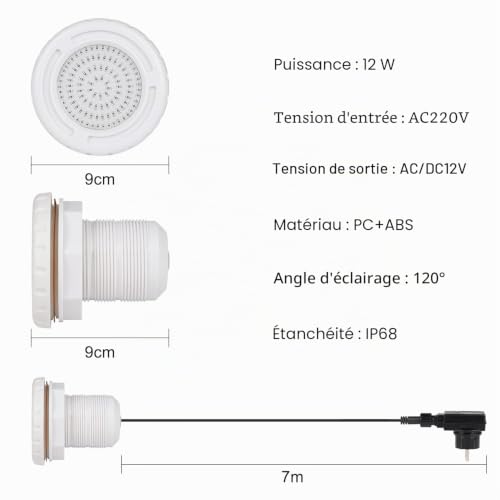 KOLLNIUN Éclairage de piscine LED pour piscine extérieure, 12W, RGB à intensité variable, compatible avec télécommande, pour cadre en acier et pool murale en acier, IP68, câble de 7m, 12V – vue 5