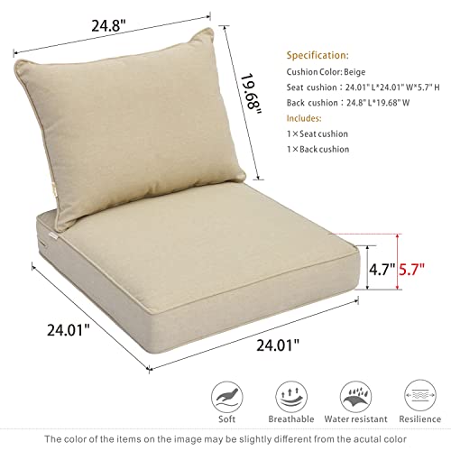 ovios Outdoor Cushion Set Patio Furniture Cushions with Removable Cover Water Resistant Fade Resistant Thick Bottom Deep Seat Cushion and Back Cushion for Sofa Chair Couch, 24 x 24 Inch, Beige