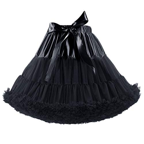 Women's Elastic Waist Chiffon Petticoat Puffy Tutu Tulle Skirt Princess Ballet Dance Pettiskirts Underskirt (Lengthened Black 21.7'')