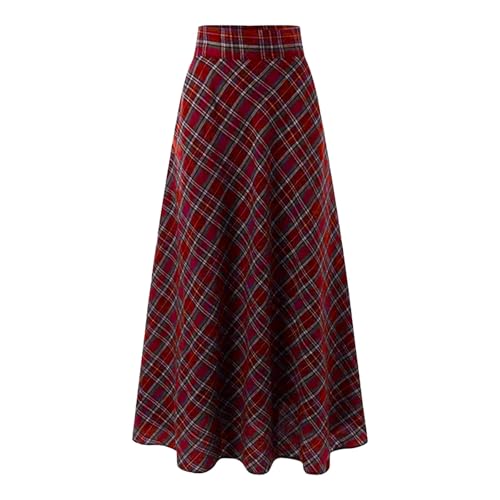 Womens Plaid Wool Skirts Elastic Waist A-Line Pleated Tartan Long Skirts Retro Swing Skirt Woolen Skirt Clothes2
