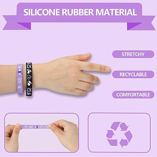 138 Pcs Purple Ribbons Awareness Accessories 30 Purple Ribbons Bracelet Silicone Wristband 48 Violet Round Pin Buttons and 60 Stickers for Domestic Violence Alzheimer's Pancreatic Cancer3