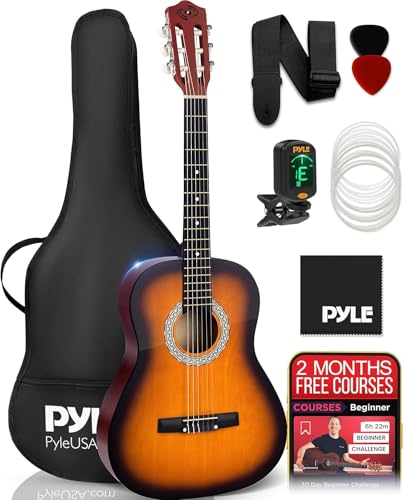 Pyle Classic Acoustic Guitar, 36/92cm ¾ Junior Size Beginner Guitars, Nylon Sunburst Finish w/Gig Bag, Tuner, Extra Strings, Picks, Strap, Free 2 Month Lessons, For Beginners/Adults/Kids-Right Handed