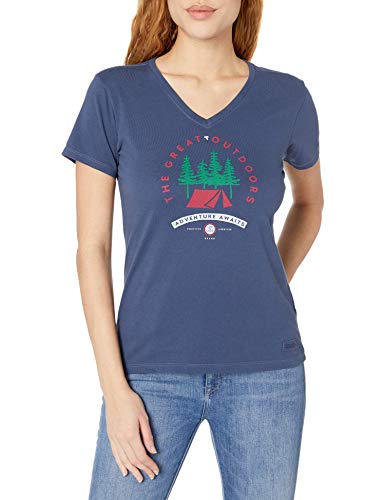 Life is Good Womens Crusher Outdoor Graphic V-Neck T-Shirt, Adventure Darkest Blue, Medium