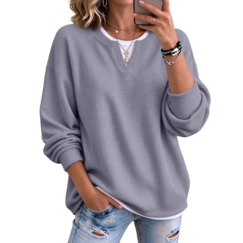 Womens Waffle Tops Faux Layered V Neck Plus Size Long Sleeve Tops for Women - image 2