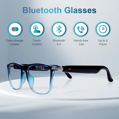 Image of GenXenon Bluetooth Smart Glasses for Men & Women, Blue Light Blocking & Photochromic Glasses with Speaker, Hand-Free Call /Music Sunglasses, IPX5 Waterproof, Audio Eyeglasses for Travel /Working-Blue