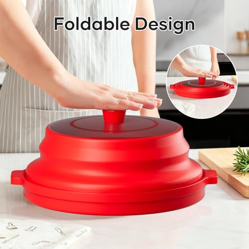 2 in 1 Microwave Splatter Cover for Food, Large Plastic & Silicone Collapsible Vented Food Guard Lid, Plate Holder & Kitchen Colander with Anti-scald Base Plate, Red — view 3
