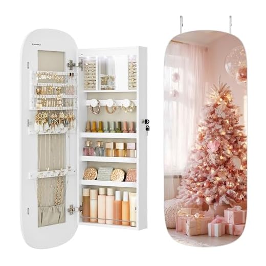 SONGMICS Jewelry Organizer, LED Jewelry Cabinet Wall or Door Mounted, Lockable Rounded Wide Mirror with Storage, Interior Mirror, Christmas Gifts, White Surface with Greige Lining