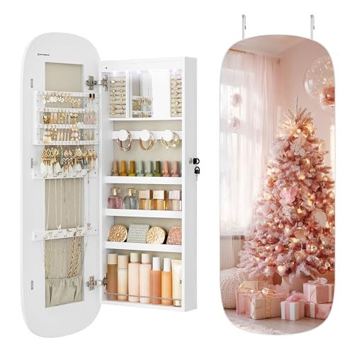 SONGMICS Jewelry Organizer, LED Jewelry Cabinet Wall/Door Mounted, Lockable Rounded Wide Mirror with...