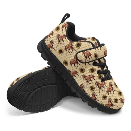 Unisex-Child Boys Girls Shoes Anti-Skid Tennis Sneakers Outdoor Casual Kids Shoes Running Shoes Little Kid Horse Sunflowers Pattern4