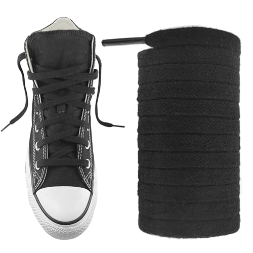 UamGlsob Lacets Plats en Coton pour Converse Haute Montante, Longs Lacets Renforcés pour Baskets Toile/Sport, Résistants et Stylés (Black,54"/140cm)