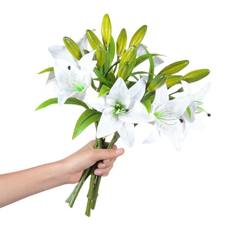 Image of XIYUAN 8 Bundlesof Artificial Tiger Lily Bouquet Lilies Flower with Rods 24 Heads Silk Lily Bouquet for Home Hotel Flower Arrangement Party Decor (White)