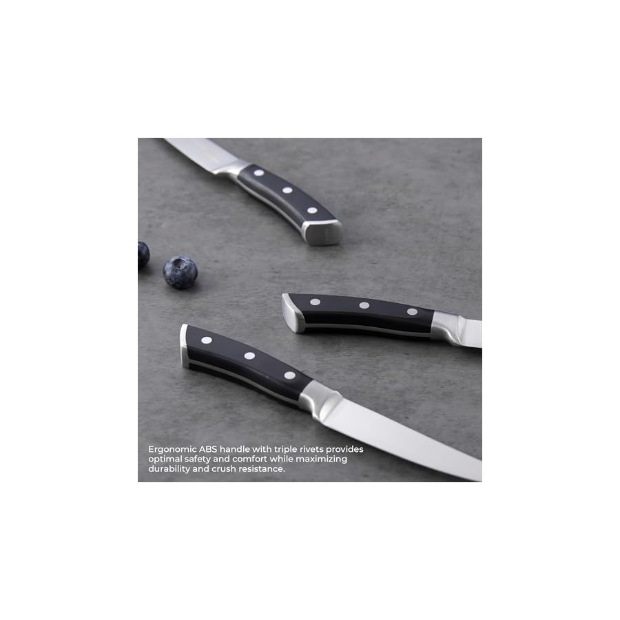 BEZIA Steak Knives Set with Block, Non Serrated Steak Knife Set of 8, 5 inch Razor Sharp German Steel Steak Knives Set - Full Tang Handle