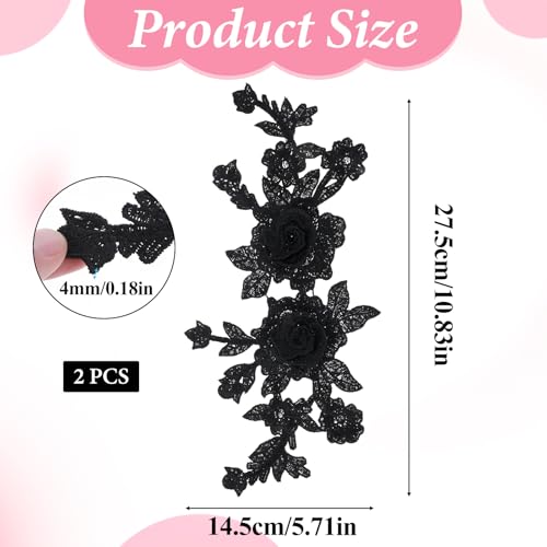 2 Pcs Black Embroidered Floral Appliques Embroidered Iron on Patch Rose Sew on Patches for Jeans Sweater Hats Shoes Bags DIY Sewing Crafts - Thumbnail 2