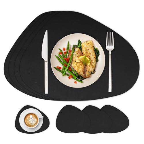 Famibay Platzsets Abwaschbar Tischsets Leder Platzdeckchen rutschfest Schwarz Tischset und Untersetzer 4er Set Hitzebeständig für Tisch… – Ansicht 1