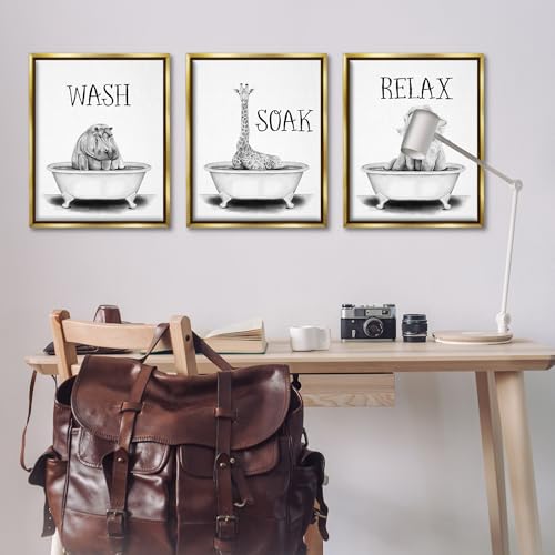 Image of Jungle Animals Bathroom Signage, 24 x 30 Inch Canvas in Floater Frame Set | Stupell Industries . By Rachel Nieman . Ready to hang . Great for bath and laundry . Made in USA