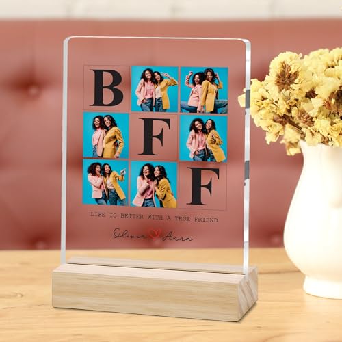 Image of Giftplease Customized Friends Plaque with Wooden Stand | Personalized Photo Frame with Quote | Best Friend Birthday Gift, Farewell Gift, Friendship Day Gift for BFF Keepsake Room Decor FR 08