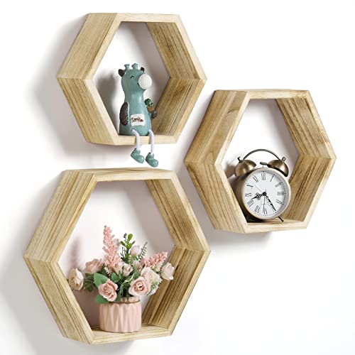 Lot de 3 étagères murales hexagonales flottantes en bois nid d'abeilles, étagère murale hexagonale, rangement en nid d'abeilles, étagère suspendue pour la ferme, la chambre à coucher, marron clair