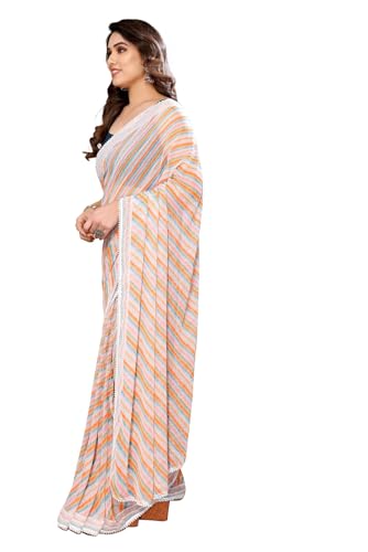 Image of ROOP SUNDARI SAREES Readymade Pleated Pre Drape Stitched Floral Printed Georgette Saree For Women's With Lace Border & Blouse(Ready To Wear One Minute)
