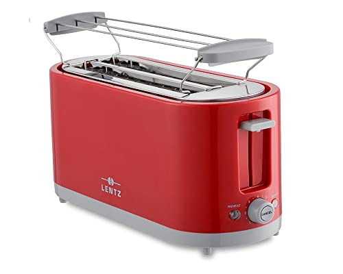 LENTZ 4-Scheiben Toaster 1400 Watt COOL TOUCH Langschlitztoaster mit Brötchenaufsatz Krümelschublade Abbrechen-, Auftau-, Aufwärm-Funktion (rot) Cover