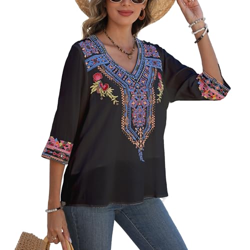 Mexican Embroidered Tops for Women Boho Chic Short Sleeve V Neck Blouse 3/4 Sleeve Floral Casual Summer T-Shirt4