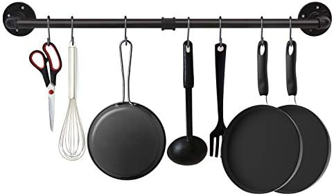 EGASON 34.3 inch Industrial Pipe Pot Bar Rack with 15 S Hooks Rustic Iron Pots and Pans Hanging Rail Pipe Towel Holder Wall Mounted Detachable Kitchen Utensil Pot Pan Lid Organizer Black