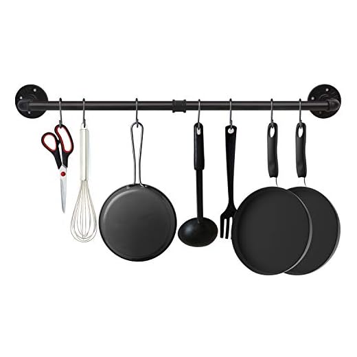 EGASON 34.3 inch Industrial Pipe Pot Bar Rack with 15 S Hooks Rustic Iron Pots and Pans Hanging Rail Pipe Towel Holder Wall Mounted Detachable Kitchen Utensil Pot Pan Lid Organizer Black