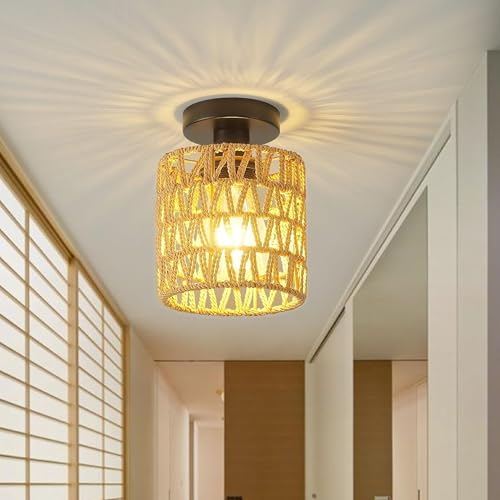 Image of Handwoven Rope Flush Mount Ceiling Light with Metal Frame, Boho Farmhouse Ceiling Lamp, Rustic Jute Hanging Light Fixture for Living Room, Bedroom, Hallway, Balcony, E27 Bulb Holder